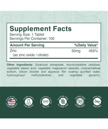 PurePremium Zinc 50mg Supplement - Antioxidant Formula with Zinc Oxide/Citrate - Non-GMO Immune Support for Men & Women - 100 Tablets - Buy Online on GoSupps.com