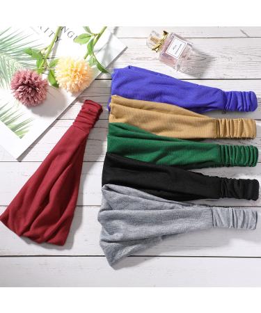 6 Pieces Women's Elastic Yoga Headbands - Sweat-Wicking Boho Hair Bands for Workout and Running - Black, Dark Blue, Light Grey, Khaki, Atrovirens, Wine Red - Buy Online on GoSupps.com
