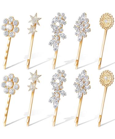 10 Pieces Crystal Hair Pin Vintage Rhinestone Bobby Pin Tone Hair Pins Star Hair Barrette Flower Leaf Feather Sunflower Hair Clips Metal Hair Accessories for Women Girls Hair Decoration (Gold)