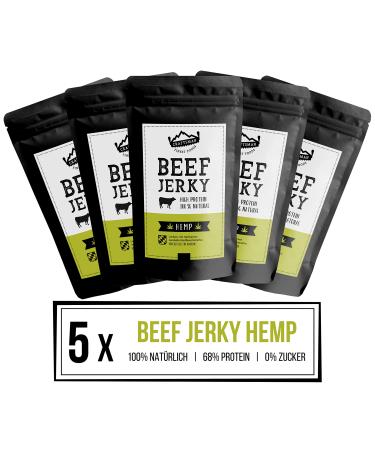 CRAFTSMAN FINEST FOODS Beef Jerky with Hemp | Made in Germany Bavaria | Pack of 5 x 100g 500g | 100% Natural | 100% Beef | High Protein 68% | Biltong Hemp Dried Meat with High Protein | Sugar Free