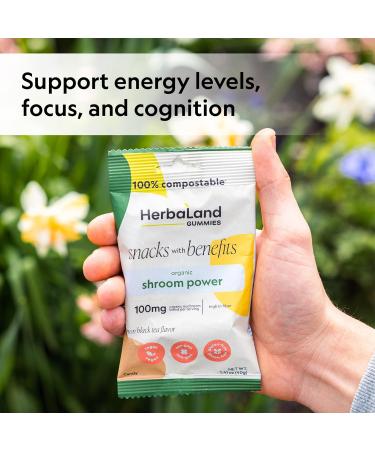 Herbaland Shroom Power Gummies Snacks with Benefits Vegan Low-sugar High-fiber Gluten-free 100mg of 7 Organic Mushroom Blend & 12g of Organic Tapioca Fiber Per Pouch Lemon Black Tea Flavor 12 x 40g (Box of 12) Compostable Pouch - Buy Online on GoSupps.com