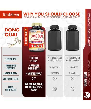 Tenmido Dong Quai Supplement Extract Capsules 4 Months Supply with Black Cohosh Chasteberry Ashwagandha - 120 Vegan Capsules - Buy Online on GoSupps.com