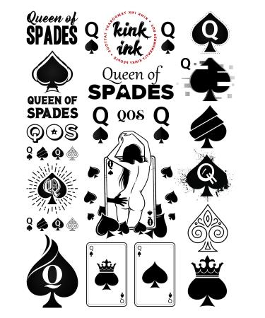 Kink Ink - 23 x Queen of Spades Temporary Tattoo Kinky Black Lettering A4 Sheet