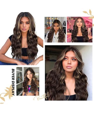 Long Brown Wavy Wig 24 Inch Highlight Wigs for Women Middle Part Curly Synthetic Hair Natural Looking Heat Resistant Fiber for Daily Party Use (Brown Mixed Blonde) - Buy Online on GoSupps.com