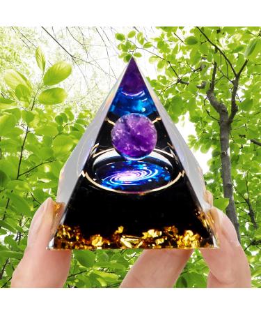 MXiiXM Orgone Pyramid for Positive Energy, Handmade Pyramid Amethyst & Obsidian Healing Crystal Pyramids for Stress Reduce Healing Meditation Attract Wealth Lucky (Galaxy)
