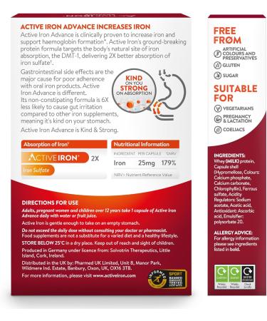 Active Iron Advance 25mg Iron Supplement | Non- Constipating | Clinically Proven to Increase Iron Levels | Fights Tiredness & Fatigue | 30 Daily Capsules - Buy Online on GoSupps.com