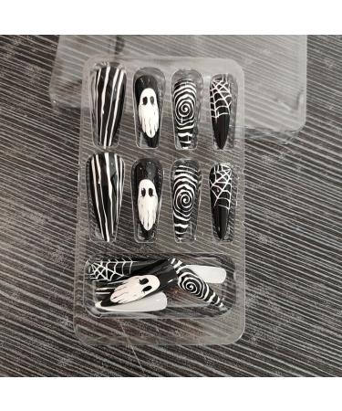 Spooky Halloween Press On Nails Long Pointed Fake Nails with Black & White Stripe Spider Web Design | 24pcs Glossy Reusable Nail Art for Women - Buy Online on GoSupps.com