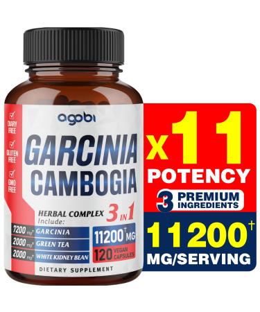 agobi 3in1 Garcinia Cambogia Extract Capsules - 11200mg Herbal Supplement for Body Health & Immune Support - Blended with Organic Green Tea & White Kidney Bean - 120 Vegan Capsules - 2 Month Supply