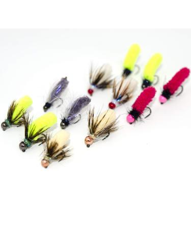 12 Mop Jig Nymph Fly Assortment | Tungsten Bead and Barbless Hook | Fly Fishing for Trout | Size 10, 12, 14, 16