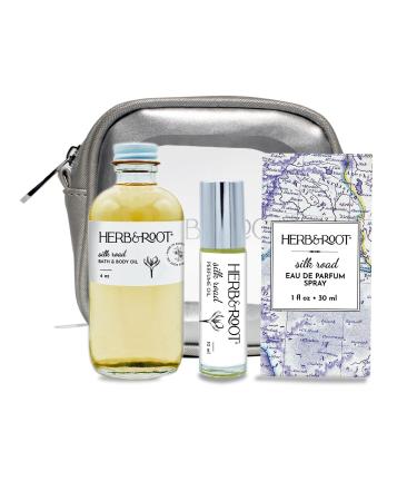 Herb & Root Silk Road Gift Set Eau de Parfum Rollerball Body Oil Reusable Toiletries Case | Saffron exotic spices Sandalwood Gender Neutral Fragrance Blend