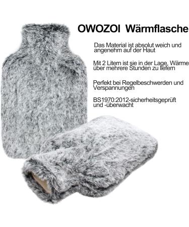 Owozoi Hot Water Bottle with Fluffy Fur Cover & Kangaroo Pocket - 2L Rubber Bed Bottle for Adults | Perfect Gift for Women in Silver Gray - Buy Online on GoSupps.com