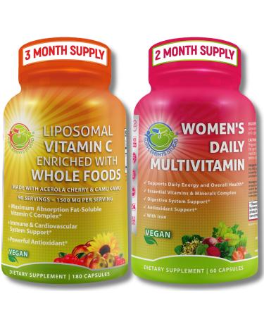 Antioxidant & Immunity Support Bundle - Liposomal Vitamin C 1500mg with Organic Acerola Cherry & Camu Camu + Women's Daily Multivitamin with Iron Superfoods Probiotics & Enzymes Vegan Non-GMO