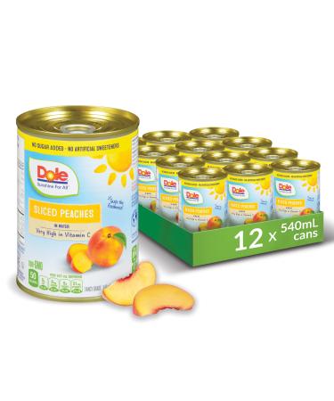 Dole Canned Fruit Sliced Peaches in Water Non-GMO No Sugar Added & No Artificial Sweeteners 540 ml 12 Count Sliced Peaches 540ml