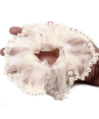 Mytoptrendz Pearl Trim Shimmer Chiffon Organza Scrunchie Ponytail Holdes Elastic Scrunchie Hair Ties Elastic Bobble Dance Bun Decor for Women and Girls (Cream)