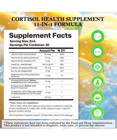 Cortisol Supplements Liquid Drops for Women 11-in-1 Formula with Ashwagandha Rhodiola Chasteberry L-Theanine Magnesium Folate(2 FL.OZ Lemon) Lemon 60 Count (Pack of 1) - Buy Online on GoSupps.com