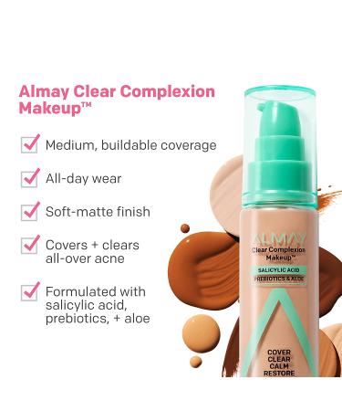 Almay Clear Complexion Acne Foundation 600 Sun Beige - Lightweight, Medium Coverage, Salicylic Acid, Hypoallergenic, Fragrance-Free - Buy Online on GoSupps.com