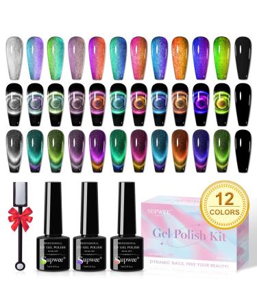 Cat Eye Gel Nail Polish Set - 12 Colors 9D Magnetic Nail Polish Gel Galaxy Cateye Nail Gel Polish with 1 Black Gel and Magnetic Lamp Cure Required Home Manicure DIY Nail Art 12 Colors Cat Eye Gel(171)