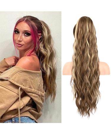 FLUFYMOOZ Ponytail Extension 26 Inch Drawstring Ponytail Hair Extensions for Women Long Curly Wavy Ponytail Natural Wavy Synthetic Hairpiece for Women (26 Inch Cool Brown with Blonde Highlights)