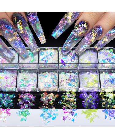 12 Colors Iridescent Chrome Nail Art Sequins Aurora Holographic Mermaid Nail Glitter Flakes Irregular Ice Slag Chunky Glitter Chameleon Flakes Set Fluorescent Glass Paper for Face Body DIY Decoration 11-Mermaid