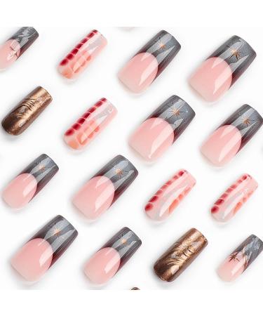 Buy BABALAL Square Press on Nails - Long French Tip Brown Chrome Acrylic 24 Pcs | 3D Water Wave Design | Y2K Manicure for Women & Girls - Buy Online on GoSupps.com