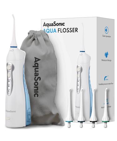 Aquasonic Aqua Flosser - Professional Rechargeable Water Flosser with 4 Tips - Oral Irrigator w/ 3 Modes - Portable & Cordless Flosser - Kids and Braces - Dentist Recommended White