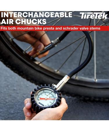TireTek Mountain Bike Presta Tire Pressure Gauge - 60 PSI with Glow Dial, Interchangeable Valve, Storage Pouch - Buy Online on GoSupps.com