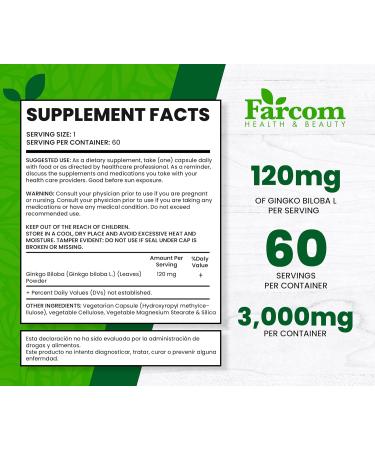 Farcom Ginkgo Biloba Supplement 60 Capsules 120mg Each Supports Brain Function Healthy Circulation and Antioxidant Protection - Buy Online on GoSupps.com