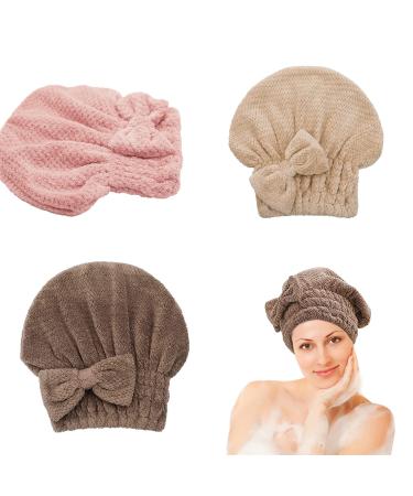 YYBtFbty Microfiber Hair Towel Caps for Women Super Absorbent Hair Drying Cap Anti Frizz Head Towels Wrap for Wet Curly Longer Thicker Hair 3 Pack (Beige+Pink+Coffee)