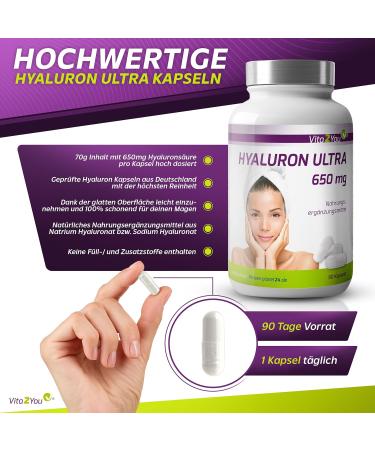Vita2you Hyaluronic Acid Ultra 650mg - 90 Vegan Capsules | High-Dose 3-Month Pack | Fermented & Additive-Free - Premium Quality Hyaluron - Buy Online on GoSupps.com