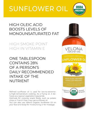 Velona 64oz USDA Certified Organic Sunflower Oil - 100% Pure High Oleic Refined Cold Pressed Oil for Cooking, Skin, Hair & Body Moisturizing - Buy Online on GoSupps.com