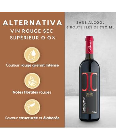 ALTERNATIVA Rosso Analcolico 0.0% - Confezione da 6 Bottiglie da 750 ml - Rosso Superiore Dry Dealcolato Italiano Senza Alcol - Perfect for Celebrazioni Regali - Alcohol Free - Buy Online on GoSupps.com