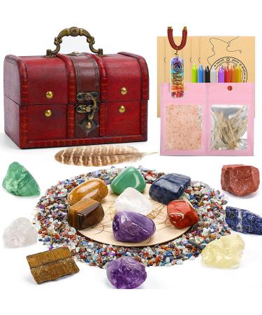MACHSWON 35PCS Healing Crystals Stones Set 7 Rough & Tumbled Chakra Stones 80g Crushed Stones Necklace 8 Magic Candles 7 Paper/Sage/Feather/Salt Wooden Grid and Box for Beginners Meditation Yoga