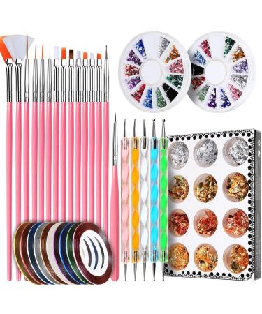 Nail Pen Designer, Teenitor Stamp Nail Art Tool with 15pcs Nail Painting Brushes, Nail Dotting Tool, Nail Foil, Manicure Tape, Color Rhinestones for Nails A-Pink
