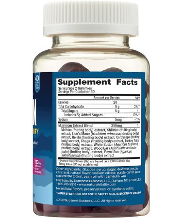 Natural Vitality Brain Health & Memory Gummies - Functional Mushroom Extract Blend - Vegan & Gluten Free - Raspberry Flavored - 60 Gummies - Buy Online on GoSupps.com