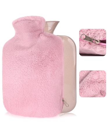 Hot Water Bottle with Cover 2L Large Hot Water Bottles for Hands Pink Fluffy Hot Water Bag with Zipper Cover Easy Take on/Off Furry Faux Fur Warm Water Bottle Pain Relief Presents for Women 2.1L