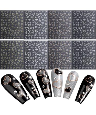 8 Sheets Metallic Heart Love Nail Decals - 3D Self-Adhesive Nail Stickers in Gold, Silver, Rose Gold, and White - French DIY Nail Decoration and Manicure Accessories for Women - Buy Online on GoSupps.com