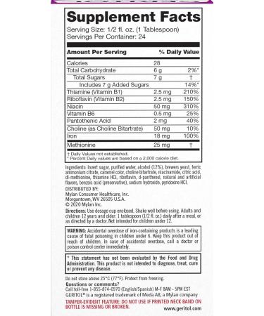 Geritol Liquid Vitamin & Iron Supplement - High-Potency B-Vitamins & Iron for Energy Support - Pleasant Taste, Easy to Swallow - Non-GMO - 12 Fl Oz - Buy Online on GoSupps.com