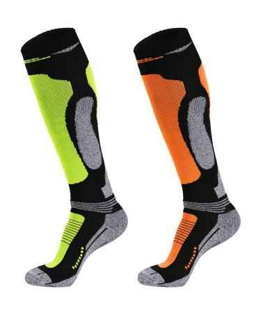 Muezna merino wool ski socks men's women's knee high performance thermal mosocks for winter snow snowboarding outdoor sports hunting 2 pairs (green orange) 43-47
