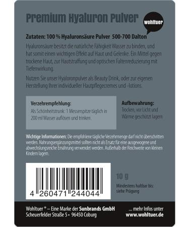  Wohltuer Premium Hyaluronic Powder 10g Pure Hyaluronic Acid Powder High Dose Low Molecular Weight Hyaluron Pure Vegan for Cosmetic Serum Hyaluron Face Cream and Dietary Supplement - Buy Online on GoSupps.com