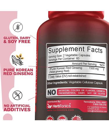 High Strength Korean Red Panax Ginseng Capsules 1500 mg - 120 Count | Herb Tonics - Buy Online on GoSupps.com