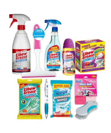 Bathroom Cleaner Bundle Products 10pcs | Elbow Grease Toilet Cleaner Stain Remover Spray Extra Long Rubber Gloves Microfibre Cloths Duzzit Wipes and more! Includes Sinta Gifts Pen - Buy Online on GoSupps.com