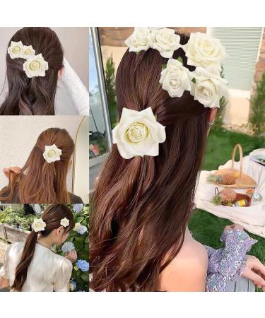 PMELCXD 4 Pieces Rose Hair Clip Flower Hairpin Rose Brooch Floral Clips Women Rose Flower Hair Accessories(Off-White) - Buy Online on GoSupps.com