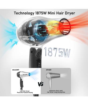 OHJUMP Mini Travel Hair Dryer with Diffuser - Portable Dual Voltage 1875W Fast Dry Compact Hairdryer - EU Plug - Silvery - Buy Online on GoSupps.com
