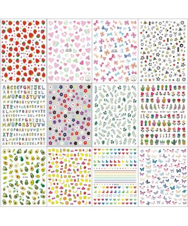 Cute Nail Stickers for Kids & Little Girls - 12 Sheets Self-Adhesive Nail Decals with Christmas Flowers, Animals, Plants, Fruits - Nail Art Decoration for Women - Buy Online on GoSupps.com