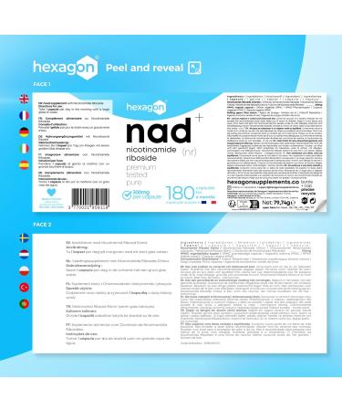 NAD+ Nicotinamide Riboside Chloride 300mg - 6 Months of Cure - NAD Booster - Anti-Aging & Against Fatigue - Made in France - 180 Vegetable Capsules - Vegan - Hexagon - Buy Online on GoSupps.com