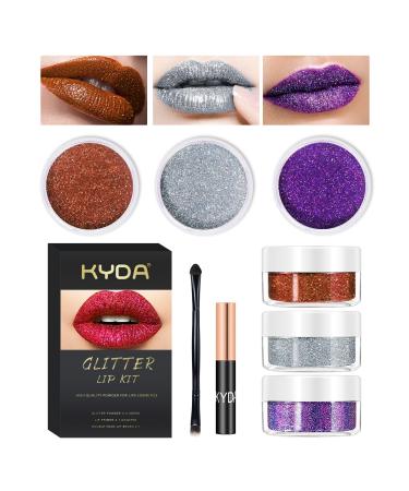 Kyda 3 colors glitter lip kit diamond metallic lipstick powder for lip cosmetics glitter lips makeup with lip primer long -lasting waterproof cruel -free -set C