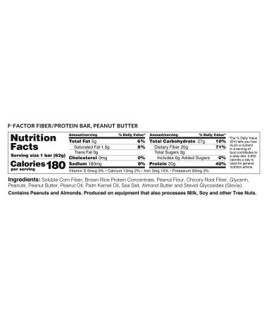 F-Factor Peanut Butter Fiber Protein Bar - High Fiber, High Protein, Low Carb, Gluten Free, Low Sugar, Vegan, Soy Free, Keto Friendly - 12 Count - Buy Online on GoSupps.com
