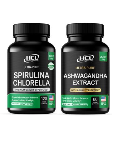 Spirulina Chlorella 3000mg + Ashwagandha 2000mg with Lemon Balm & Black Pepper Natural Detox & Stress Support Vegan Capsules Made in USA