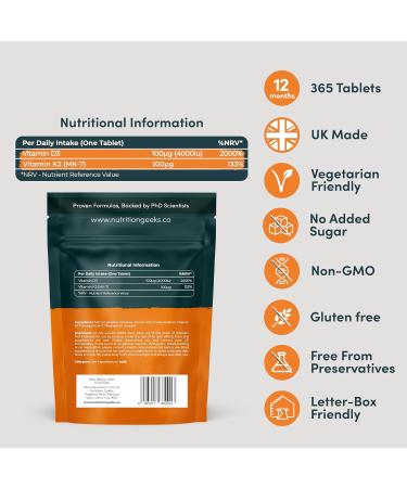 Vitamin D3 4000 IU & Vitamin K2 MK7 100 mcg - 1 Year Supply, 365 Easy-Swallow Tablets, High Strength Vegetarian D3 and K2 Supplements - UK Made - Buy Online on GoSupps.com