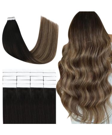 YoungSee Hair Extensions Tape in Human Hair 12inch Ombre Tape in Extensions Human Hair Natural Black to Dark Brown with Blonde Seamless Remy Tape in Hair Extensions for Short Hair 30g 20pcs 12 Inch (Pack of 1) F-#1B/4/16